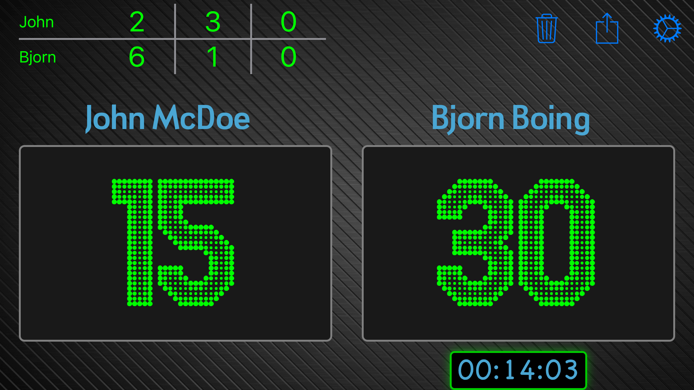 Ultimate Scoreboard tennis view with player names and score panels.